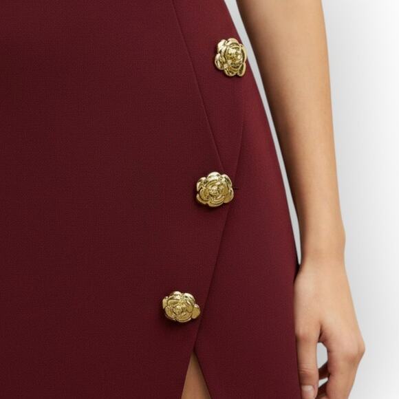 Commense Burgundy Golden Rose Button Pocket Split Dress – S - Picture 7 of 7